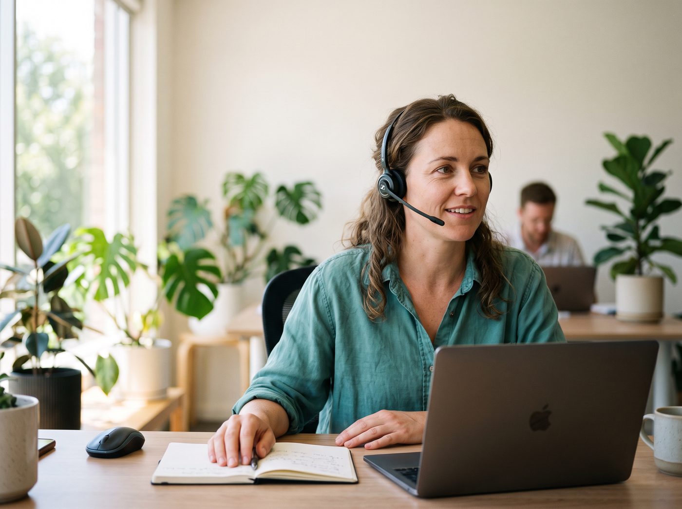 A support worker at a desk in a bright office