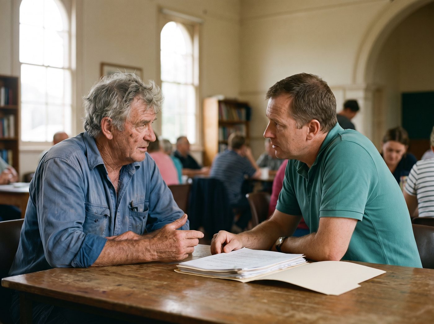 Two Australian veterans in conversation across a table